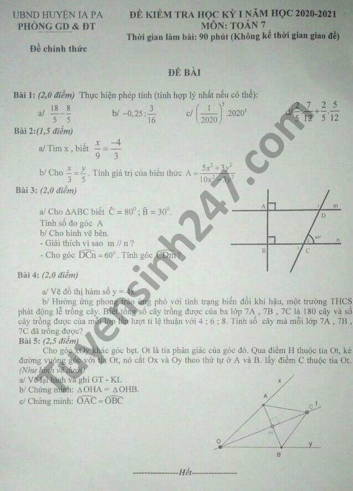 Đề thi học kì 1 môn Toán lớp 7 năm 2020 huyện Ia Pa