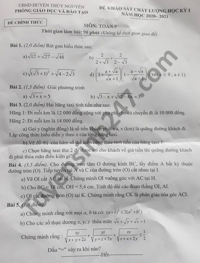 Đề thi học kì 1 huyện Thuỷ Nguyên lớp 9 môn Toán năm 2020