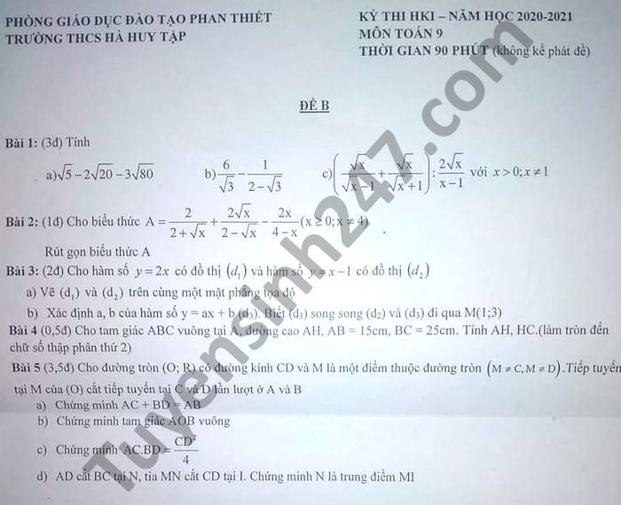 Đề thi học kì 1 môn Toán lớp 9 THCS Hà Huy Tập năm 2020