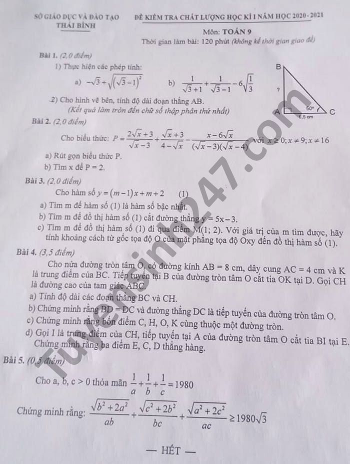 Đề thi học kì 1 môn Toán lớp 9 năm 2020 tỉnh Thái Bình