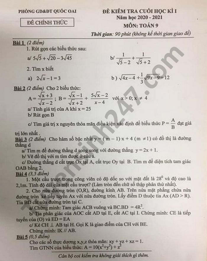 Đề thi học kì 1 môn Toán lớp 9 Phòng GD Quốc Oai năm 2020