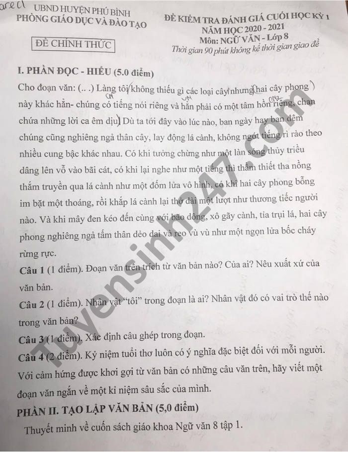 Đề thi học kì 1 Văn lớp 8 Phòng GD Phú Bình năm 2020