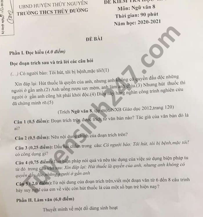Đề thi học kì 1 năm 2020 THCS Thủy Đường môn Văn lớp 8