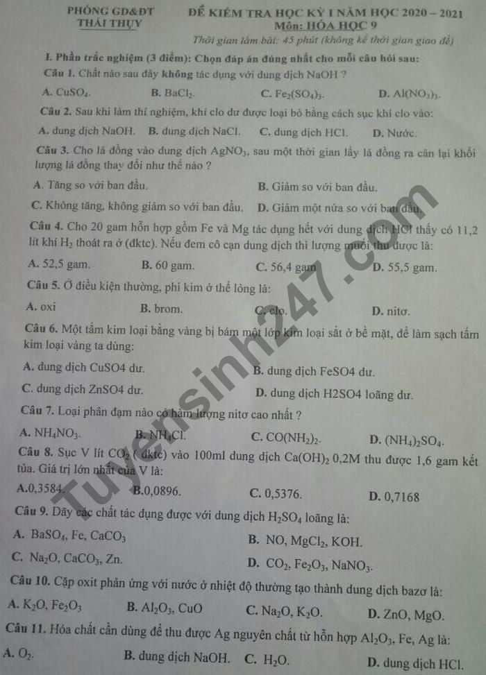 Đề thi học kì 1 lớp 9 môn Hóa năm 2020 Phòng GD Thái Thụy