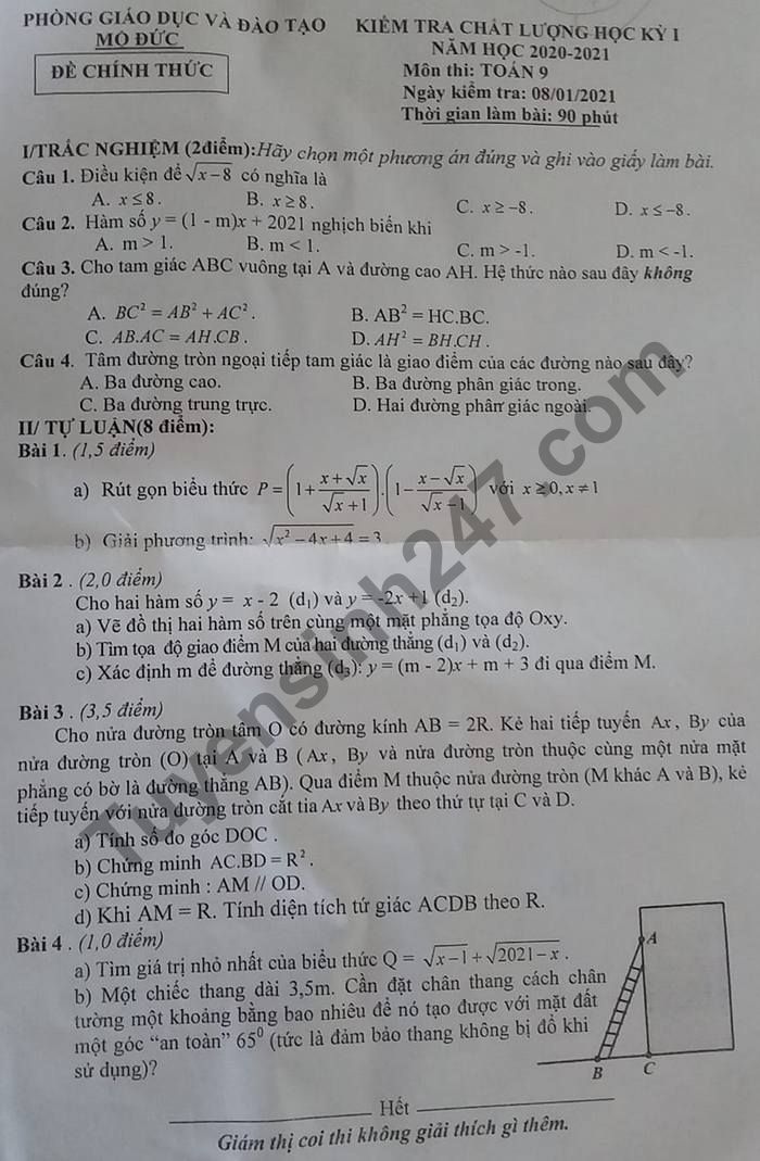 Đề thi học kì 1 Phòng GD Mộ Đức 2020 - 2021 môn Toán lớp 9 