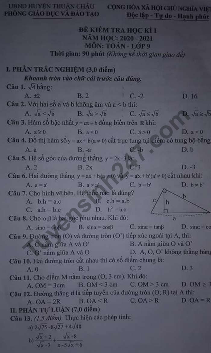 Đề thi học kì 1 lớp 9 môn Toán năm 2020 huyện Thuận Châu