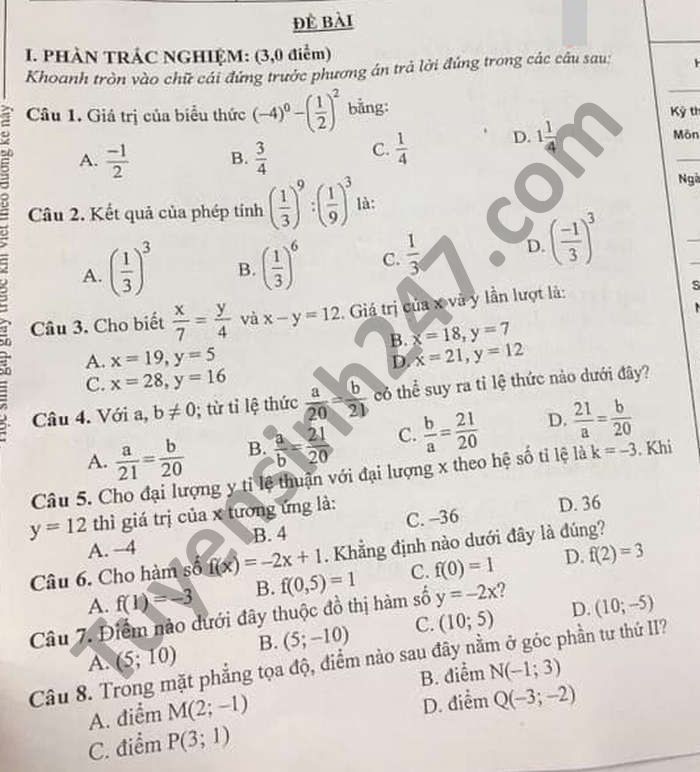 Đề thi học kì 1 Toán lớp 7 năm 2020 Phòng GD TP Thái Nguyên 