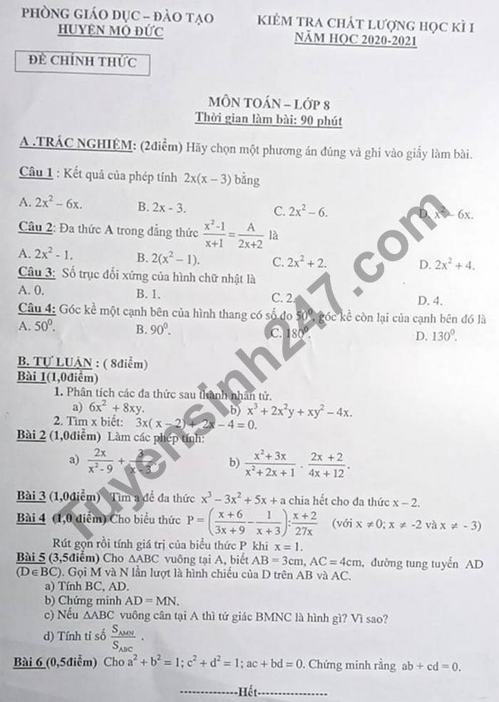 Đề thi học kì 1 năm 2020 môn Toán lớp 8 huyện Mộ Đức
