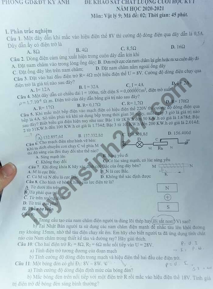 Đề thi học kì 1 lớp 9 Phòng GD Kỳ Anh môn Lý năm 2020