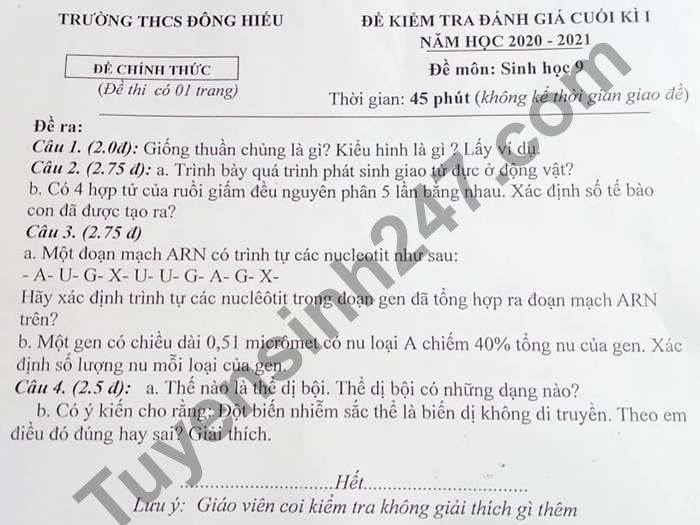 Đề thi học kì 1 năm 2020 môn Sinh lớp 9 THCS Đông Hiếu