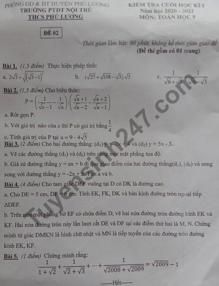 Đề thi học kì 1 Toán lớp 9 năm 2020 PTDTNT THCS Phú Lương