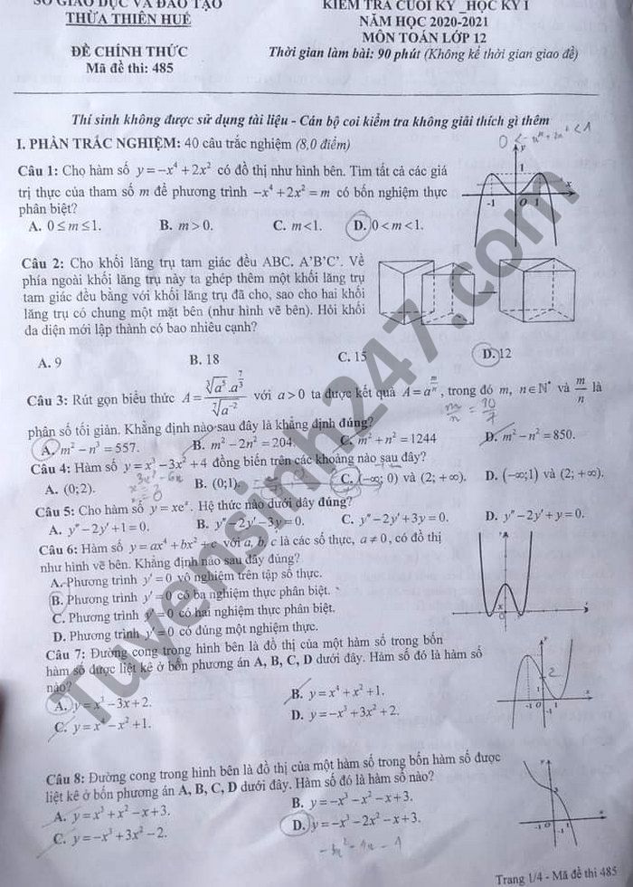 Đề thi học kì 1 Toán lớp 12 năm 2020 Tỉnh Thừa Thiên Huế