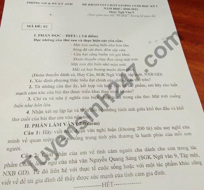 Đề thi học kì 1 Phòng GD Kỳ Anh năm 2020 môn Văn lớp 9