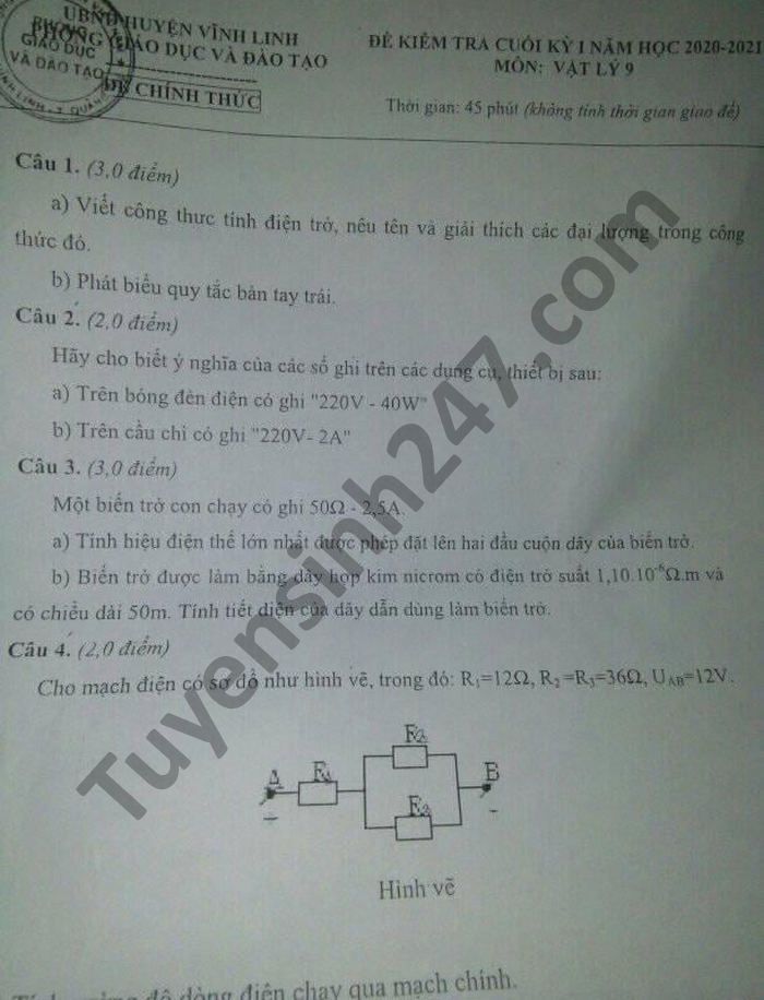 Đề thi học kì 1 huyện Vĩnh Linh năm 2020 môn Lý lớp 9