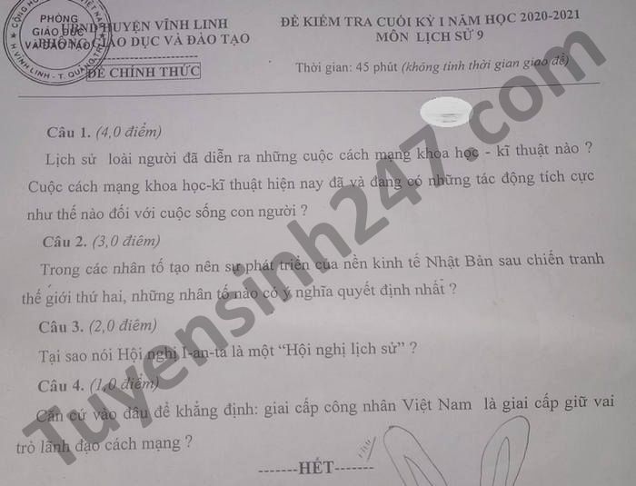 Đề thi học kì 1 huyện Vĩnh Linh năm 2020 môn Sử lớp 9