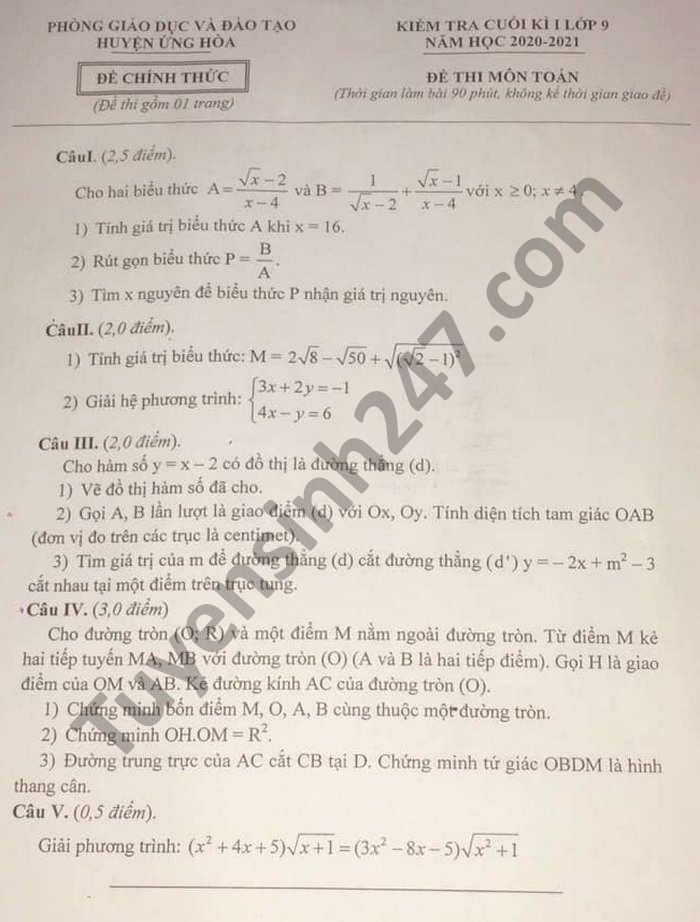 Đề thi học kì 1 năm 2020 huyện Ứng Hòa môn Toán lớp 9