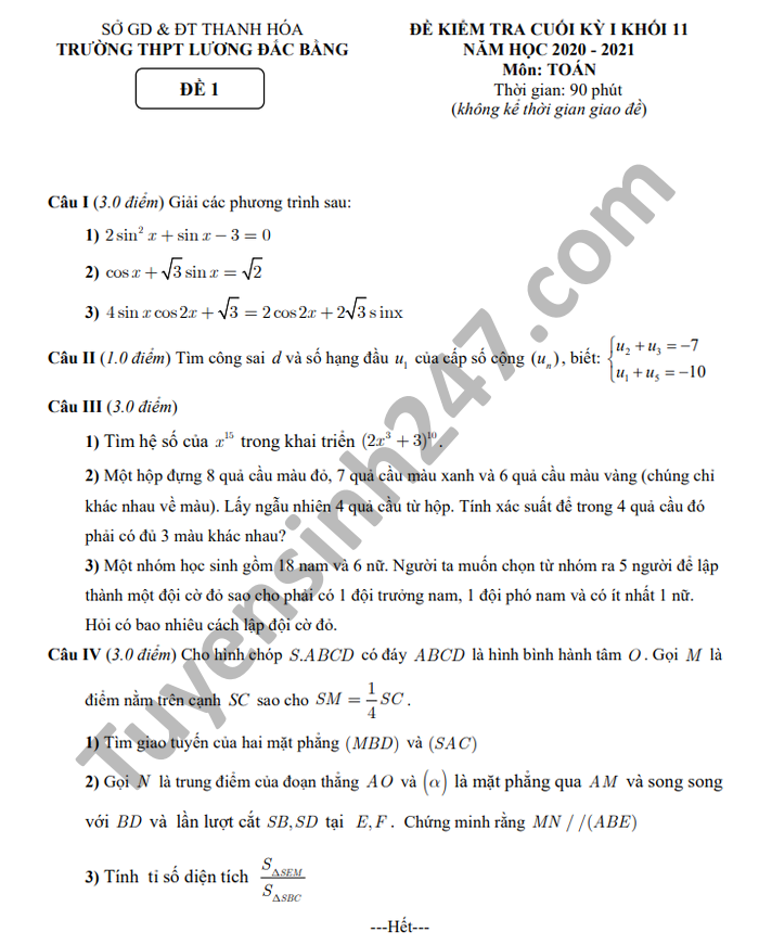 Đề thi học kì 1 năm 2020 THPT Lương Đắc Bằng Toán lớp 11 