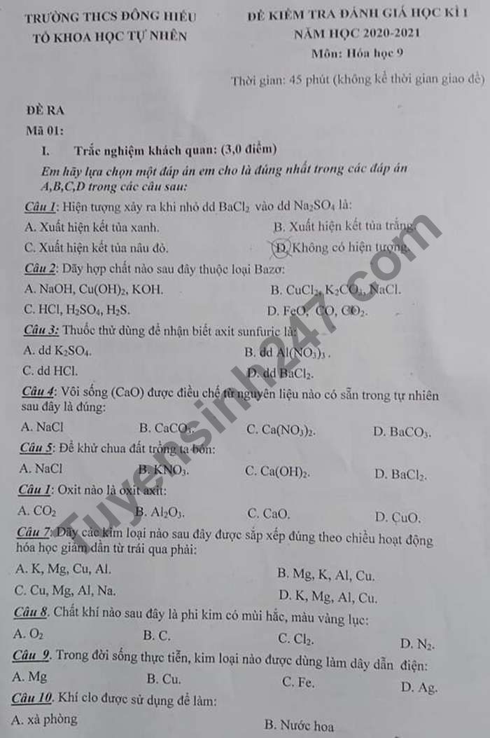 Đề thi học kì 1 lớp 9 môn Hóa THCS Đông Hiếu 2020