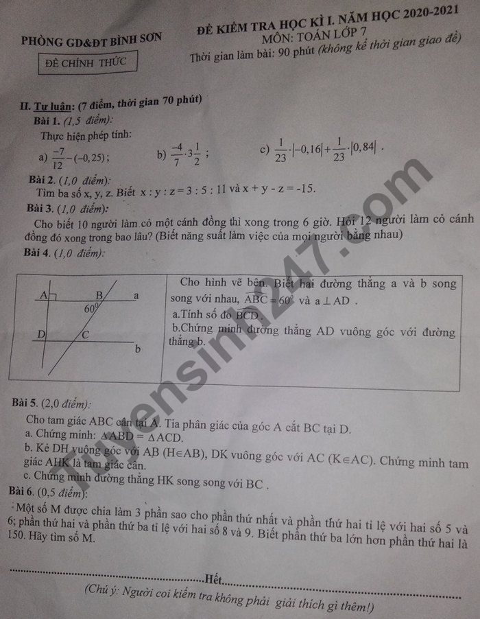 Đề thi học kì 1 Phòng GD Bình Sơn 2020 - 2021 môn Toán lớp 7