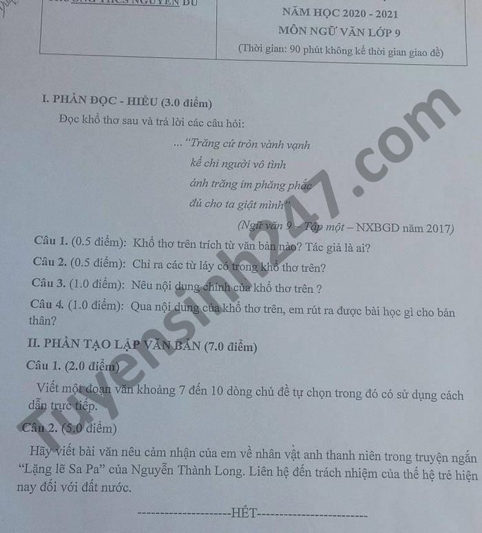 Đề thi học kì 1 THCS Nguyễn Du năm 2020 môn Văn lớp 9