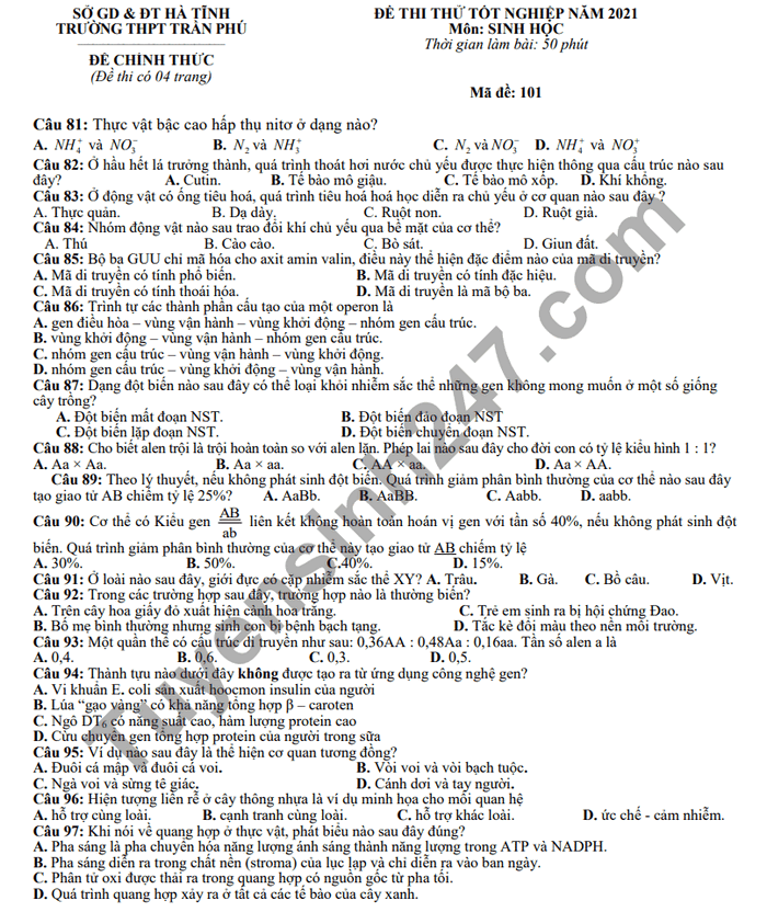 Đáp án đề thi thử tốt nghiệp 2021 lần 1 môn Sinh THPT Trần Phú