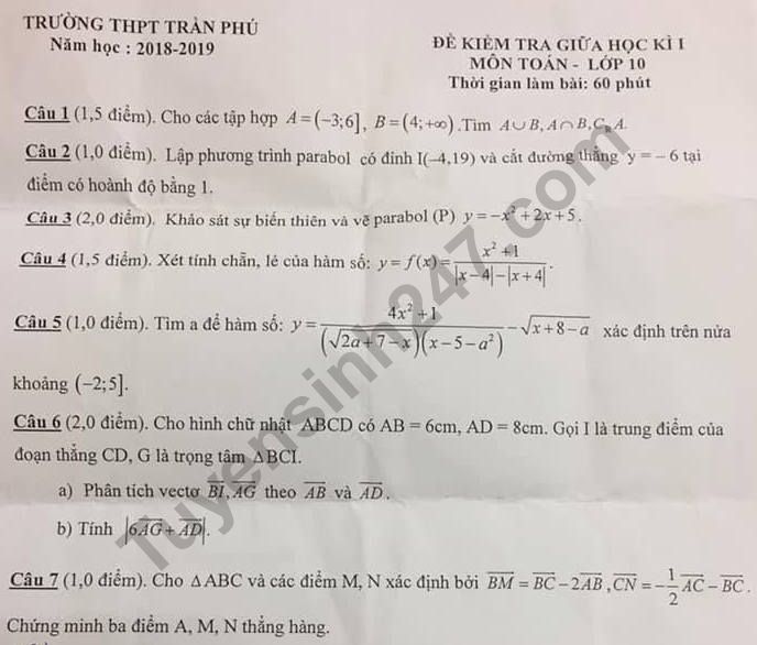 Đề thi giữa kì 1 môn Toán lớp 10 THPT Trần Phú 2018 - 2019