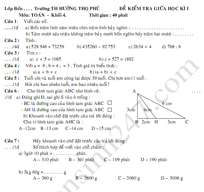 Đề Thi Giữa Học Kì 1 Môn Toán Lớp 4 Năm 2018 - 2019 - Th Hướng Thọ Phú