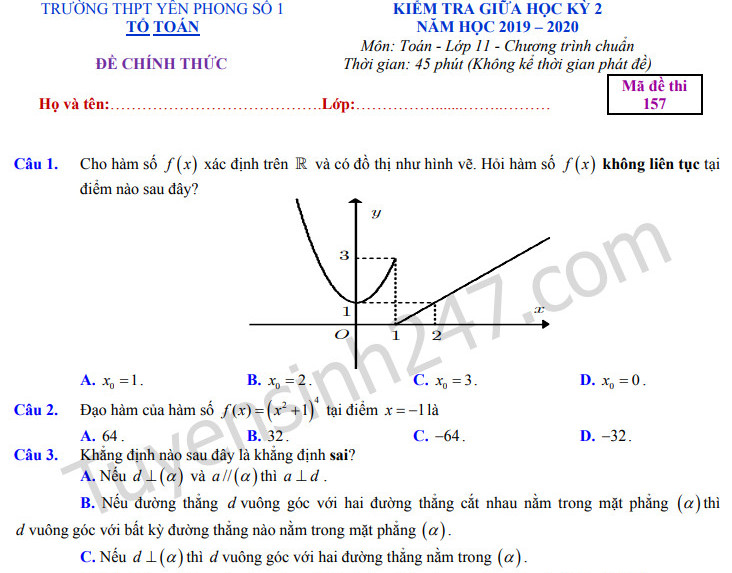 Đề thi giữa kì 2 môn Toán lớp 11 năm 2020 - THPT Yên Phong số 1