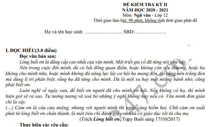 Đề thi kì 2 môn Văn lớp 12 năm 2021 - Có đáp án