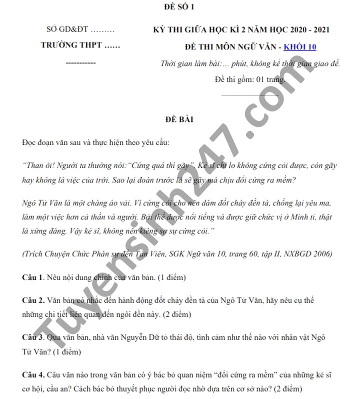 Đề luyện thi giữa kì 2 môn Văn lớp 10 - có đáp án năm 2021