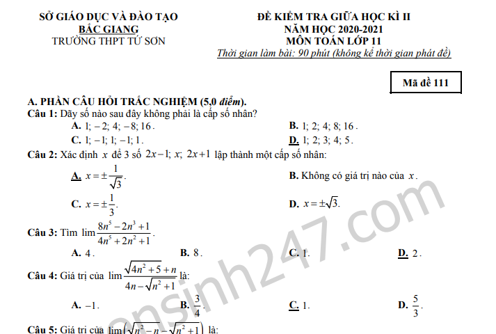 Đề thi giữa kì 2 lớp 11 môn Toán 2021 - THPT Tứ Sơn