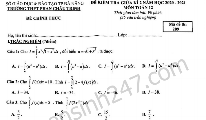 Đề thi giữa kì 2 môn Toán lớp 12 năm 2021 - THPT Phan Châu Trinh