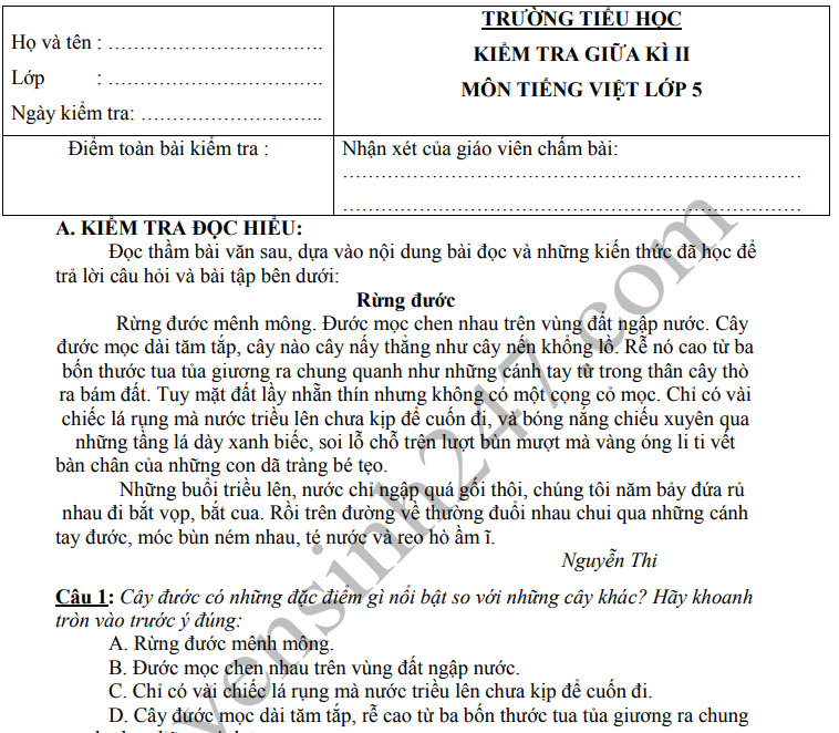Đề thi giữa học kì 2 lớp 5 môn Tiếng Việt 2021 