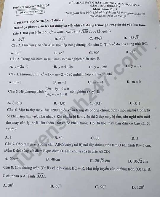 Đề thi giữa kì 2 môn Toán lớp 9 năm 2021 - Phòng GD Hải Hậu