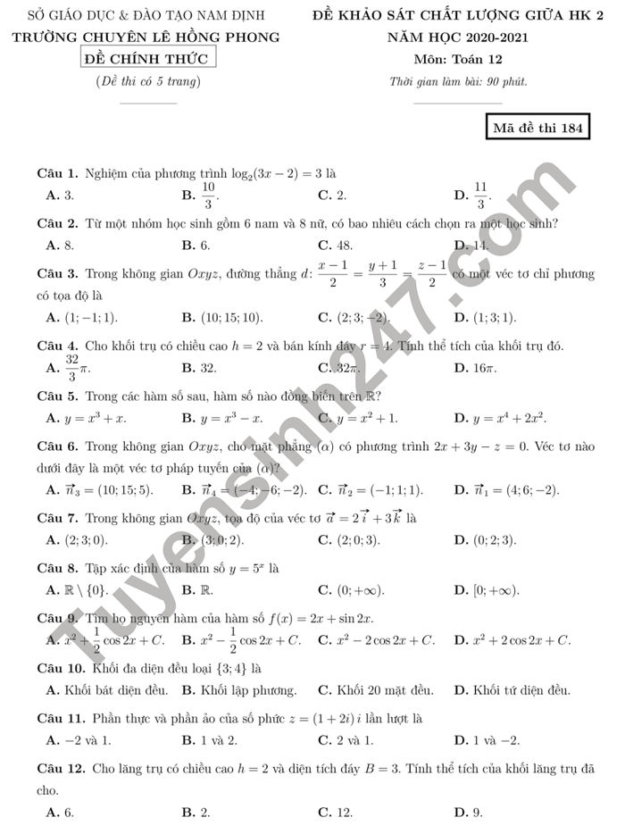 Đề thi giữa học kì 2 THPT chuyên Lê Hồng Phong 2021 môn Toán lớp 12