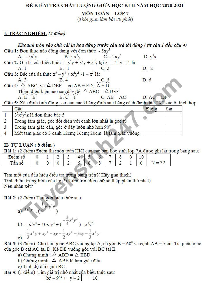 Đề thi giữa học kì 2 năm 2020 - 2021 lớp 7 môn Toán