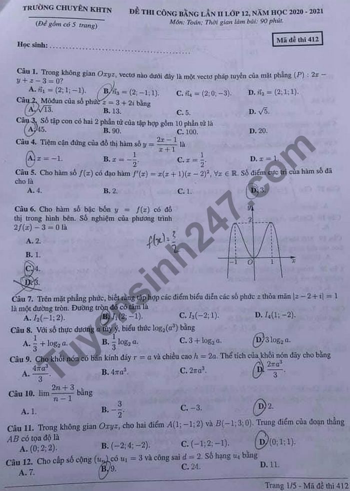 Đề thi công bằng lần 2 năm 2021 môn Toán 12 - Trường Chuyên KHTN