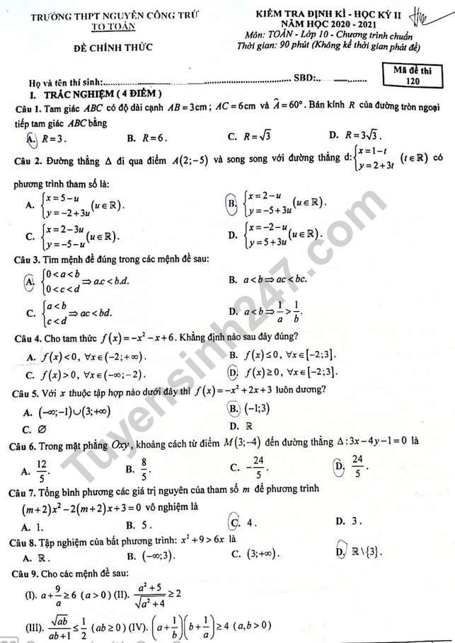 Đề thi giữa kì 2 môn Toán lớp 10 năm 2021 - THPT Nguyễn Công Trứ