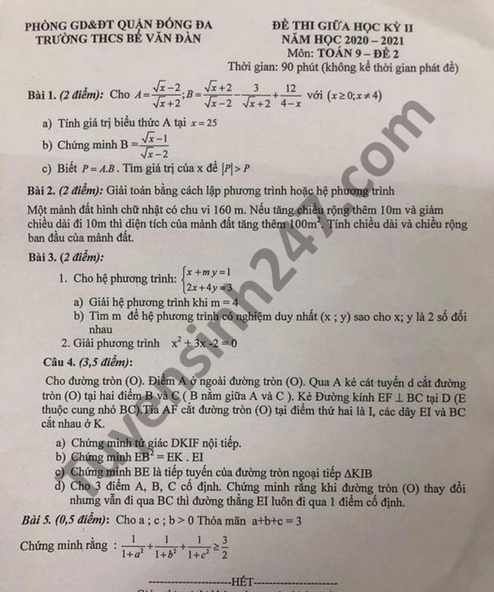 Đề thi giữa học kì 2 môn Toán lớp 9 năm 2021 THCS Bế Văn Đàn