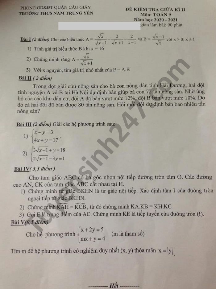 Đề thi giữa học kì 2 môn Toán lớp 9 năm 2021 THCS Nam Trung Yên