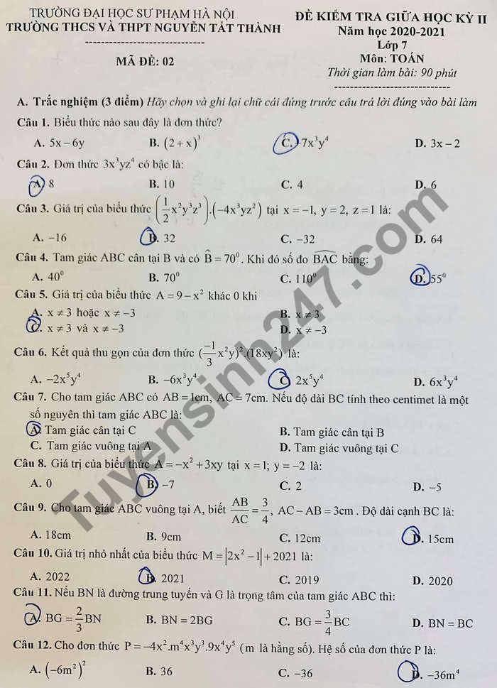 Đề thi giữa học kì 2 môn Toán lớp 7 năm 2021 THCS&THPT Nguyễn Tất Thành