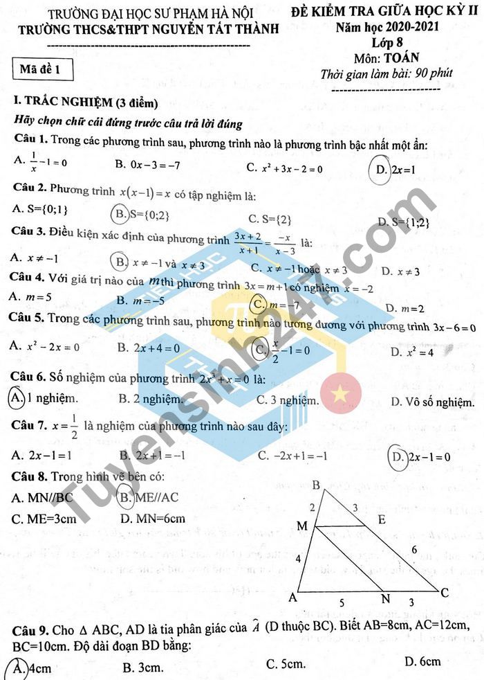 Đề thi giữa kì 2 năm 2021 Toán lớp 8 - THCS&THPT Nguyễn Tất Thành