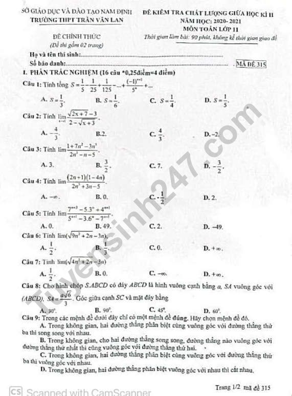 Đề thi giữa kì 2 môn Toán lớp 11 năm 2021 - THPT Trần Văn Lan