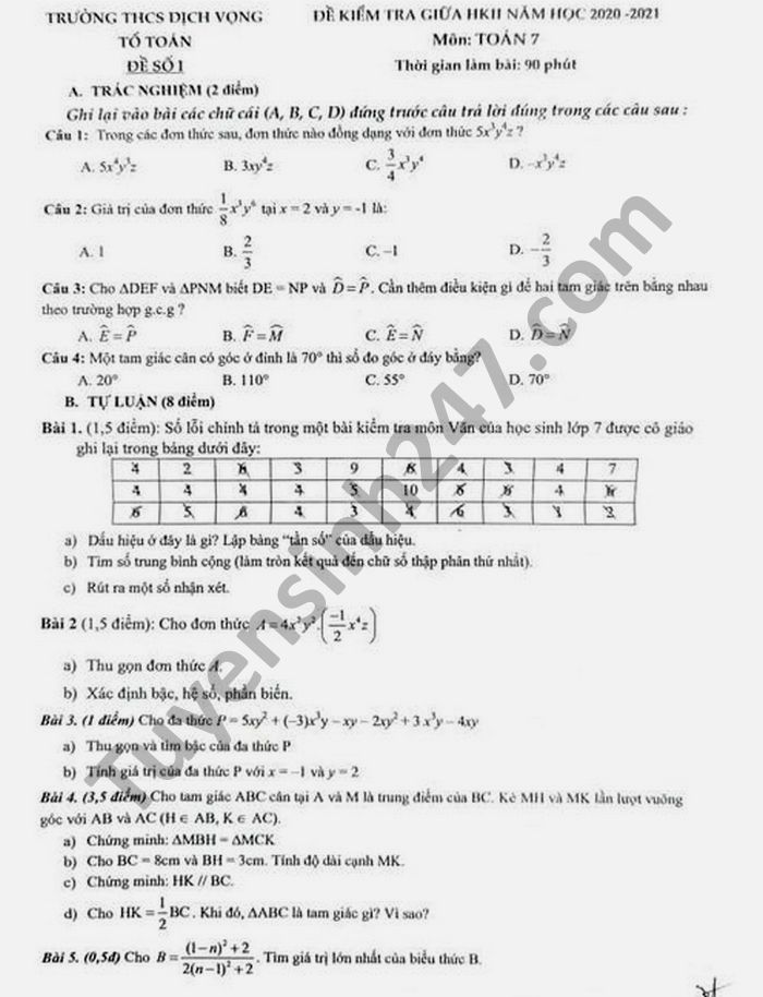 Đề thi giữa học kì 2 THCS Dịch Vọng năm 2021 Toán lớp 7 