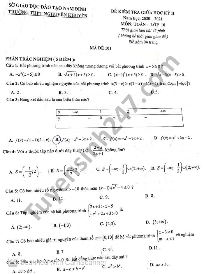 Đề thi giữa học kì 2 năm 2021 THPTNguyễn Khuyến Toán lớp 10 