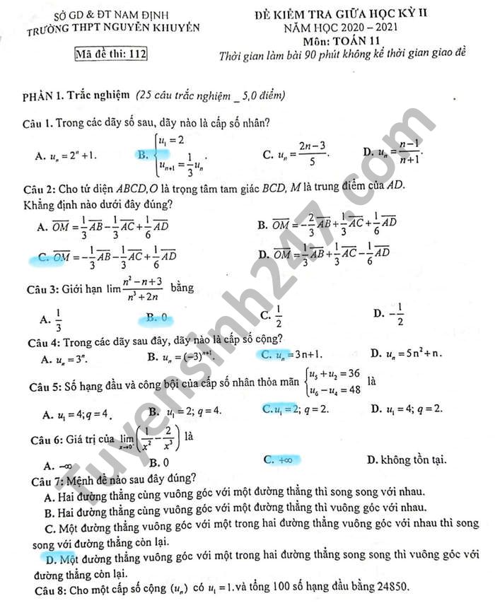 Đề thi giữa học kì 2 năm 2021 THPT Nguyễn Khuyến môn Toán lớp 11 