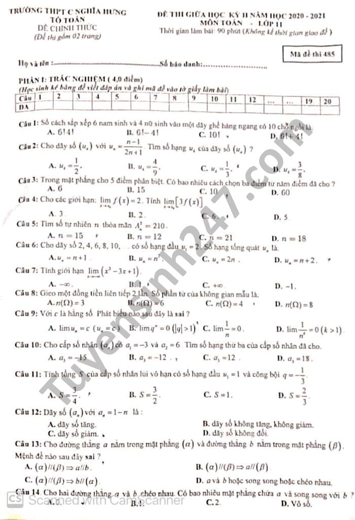 Đề thi giữa học kì 2 năm 2021 Toán lớp 11 THPT C Nghĩa Hưng