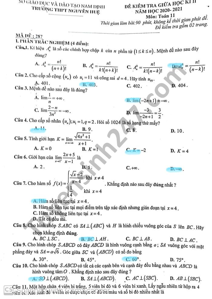 Đề thi giữa kì 2 THPT Nguyễn Huệ môn Toán lớp 11 năm 2021