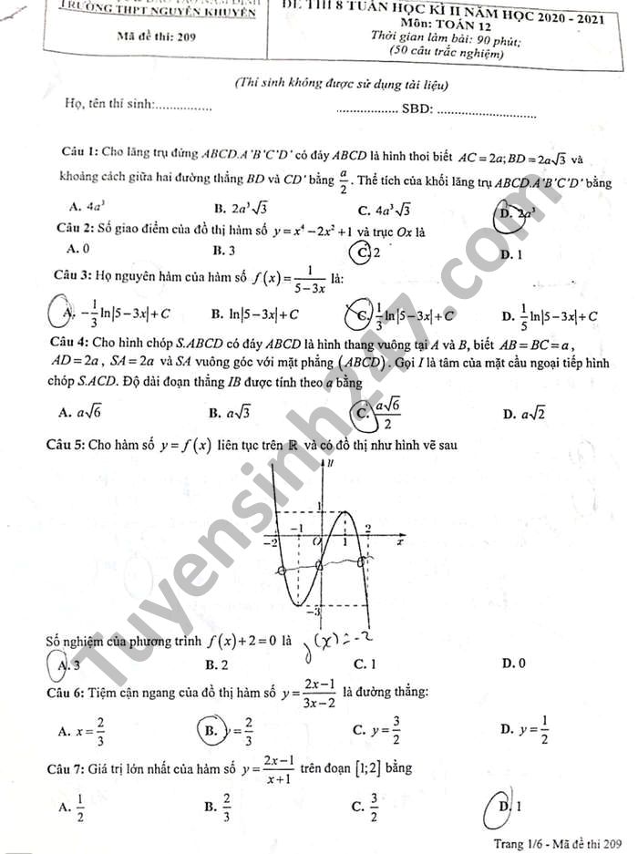 Đề thi giữa học kì 2 THPT Nguyễn Khuyến 2021 Toán lớp 12 