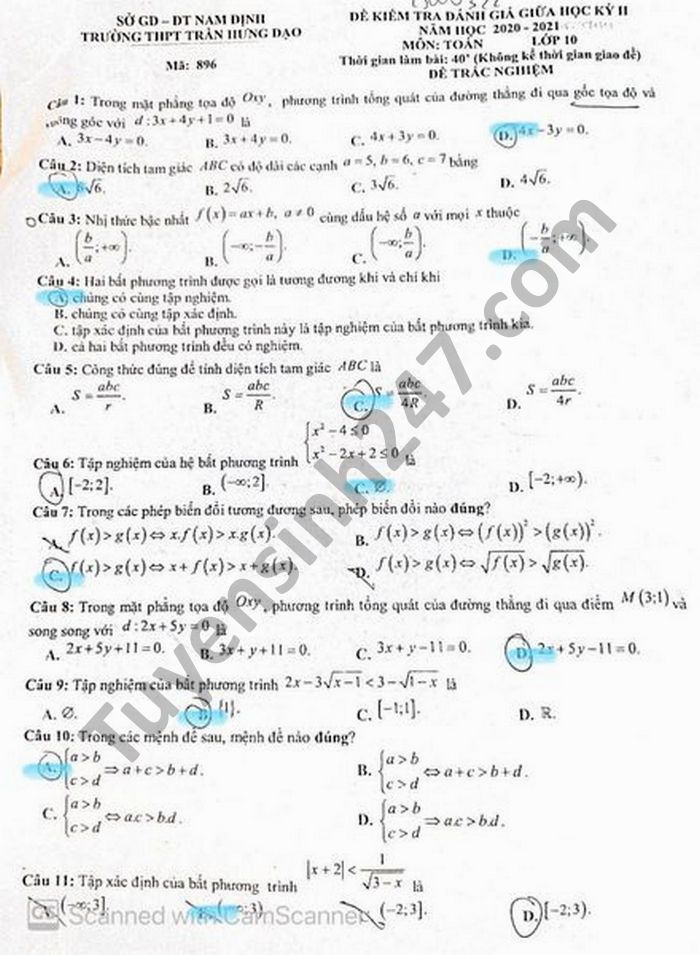 Đề thi giữa học kì 2 năm 2021 môn Toán lớp 10 THPT Trần Hưng Đạo 